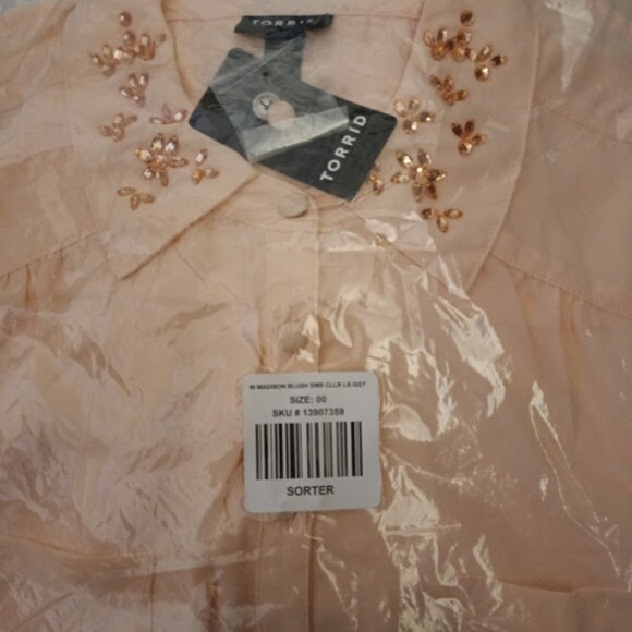 NWT Torrid 00 Madison Pale Pink Georgette Embellished Collar Button Front Blouse - Picture 8 of 8